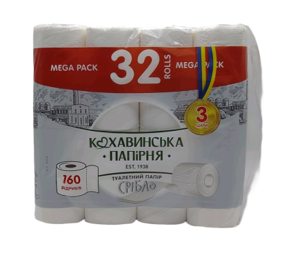 Туалетний папір "Срібло" білий тришаровий 32 шт - 1