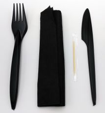 Набор одноразовый чёрный премиум 4/1 (зубочистка, салфетка чёрная, вилка, нож)